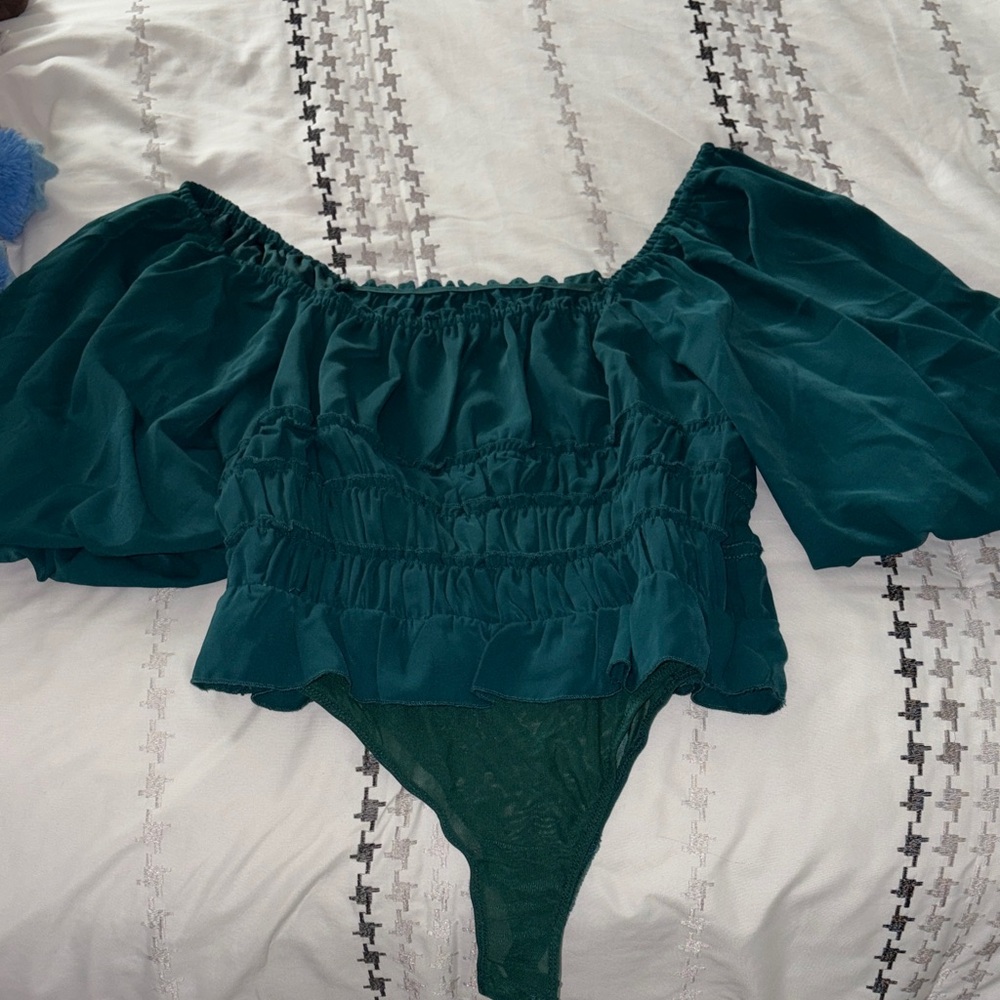 SHEIN Dark Teal Puff Sleeve Smocked Bodysuit